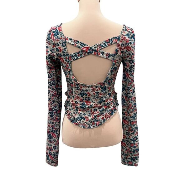 Free People Melanie Floral Top Peplum Scoop Neck Long Sleeve Sand Combo S NWT - Picture 8 of 14